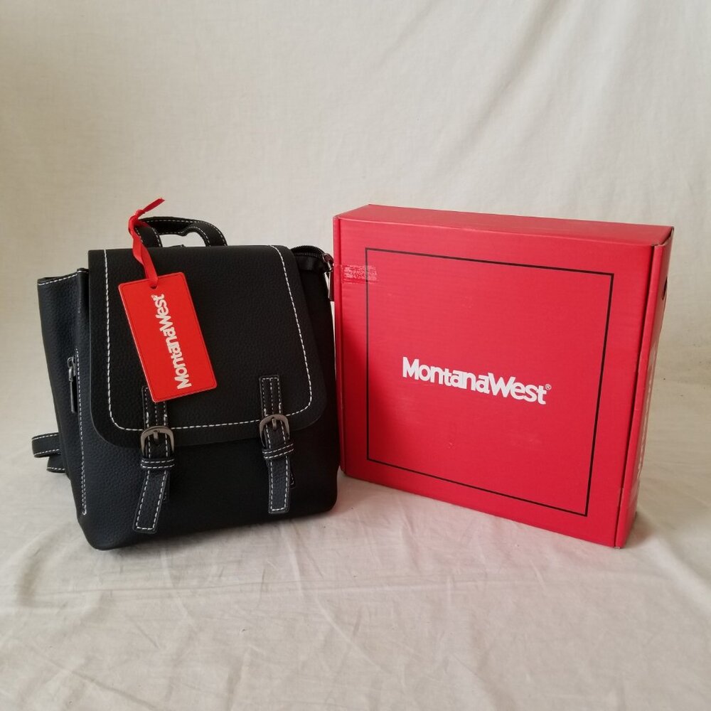 NWT! Montana West Black Faux Leather Mini Backpack Tote Bag w/Adjustable Straps - Picture 2 of 14